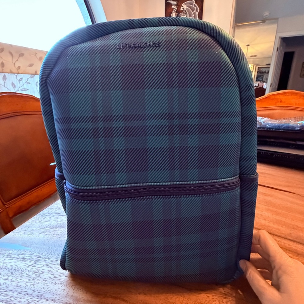 Mytagalongs Blue Green Plaid Travel Backpack NWT 17” x 6” x 12”
